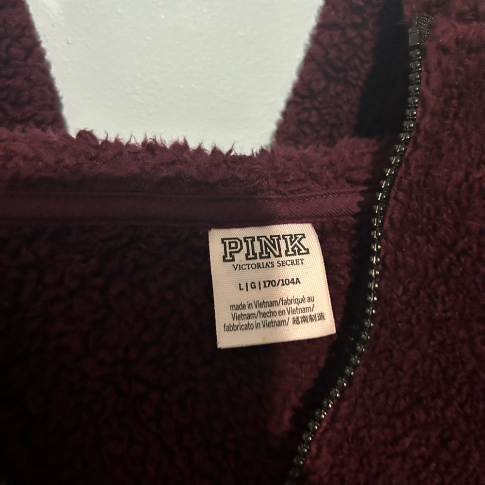 PINK Victoria's Secret Burgundy Cozy Fleece Hoodie 3/4 Zip - Picture 2 of 3